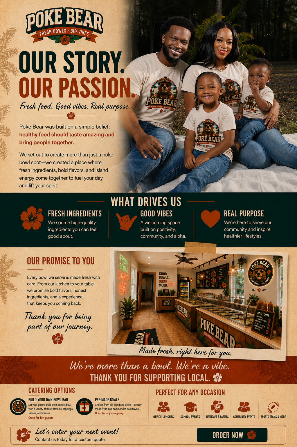 Poke Bear Our Story and Our Promise — fresh food, good vibes, real purpose, with the founders, the Poke Bear interior, catering options, and order details